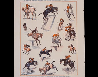 Mulheres cavaleiras equestres de 1926, por R. de La Nézière - Impressão original do interior de La Vie Parisienne