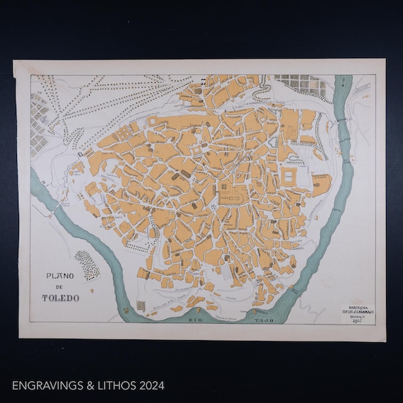1905年トレド地図、ヴィンテージスペイン都市版画（13x17インチ