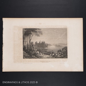 May include: A black and white engraving of a castle on a lake. The castle is in the distance and there are people in the foreground. The engraving is titled "Dunvegan Castle, Island of Skye".