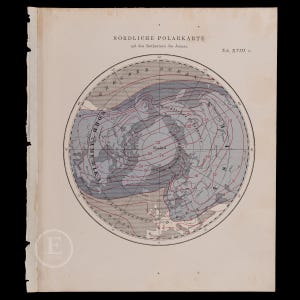 May include: An antique circular map titled Nördliche Polarkarte mit den Isothermen des Januar, Tab. XVIII a. The map displays the Northern Hemisphere with red isothermal lines, gray landmasses, and blue ocean regions on aged paper.