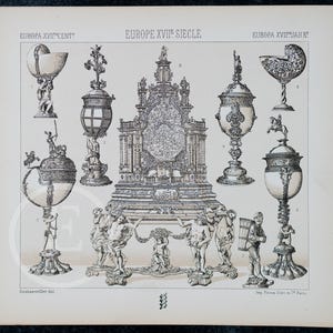 Europäische antike Möbel und Verzierungen aus dem 17.Jh. von A. Racinet - EXQUISITE PRINT Farb Lithographie 1888