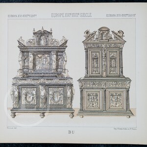 Europäische Antike Möbel aus dem 16.und 17.Jhdt. von A. Racinet - EXQUISITE PRINT Farb Lithographie 1888