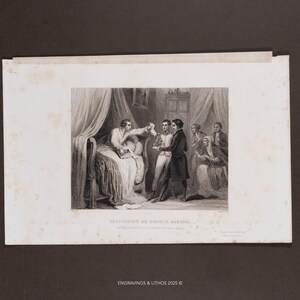 May include: A black and white engraving titled "Exaltation de George Barlow." The image depicts a scene with several figures in a room, including a man in bed and others gathered around him. The artwork is on a white paper with a dark background.