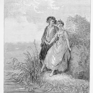 1870 Tircis and Amarante engraving by Gustave Doré - La Fontaine - Original engraving from "The Dore Gallery" Edmund Ollier