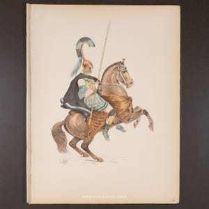 May include: An antique print depicting a mounted warrior in classical attire. The illustration features a brown horse rearing up, ridden by a figure in a helmet, cape, and holding a spear. The artwork is in muted tones.