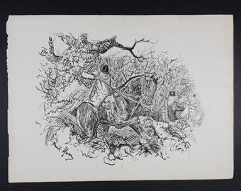 1907 ENTANGLED in the THICKET – Black & White Hunting Illustration by Finch Mason – Published in London