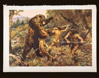 Hunting the Cave Bear - Original Vintage Lithograph print of Prehistoric Men from 1960 (Over 9x13 inches!)