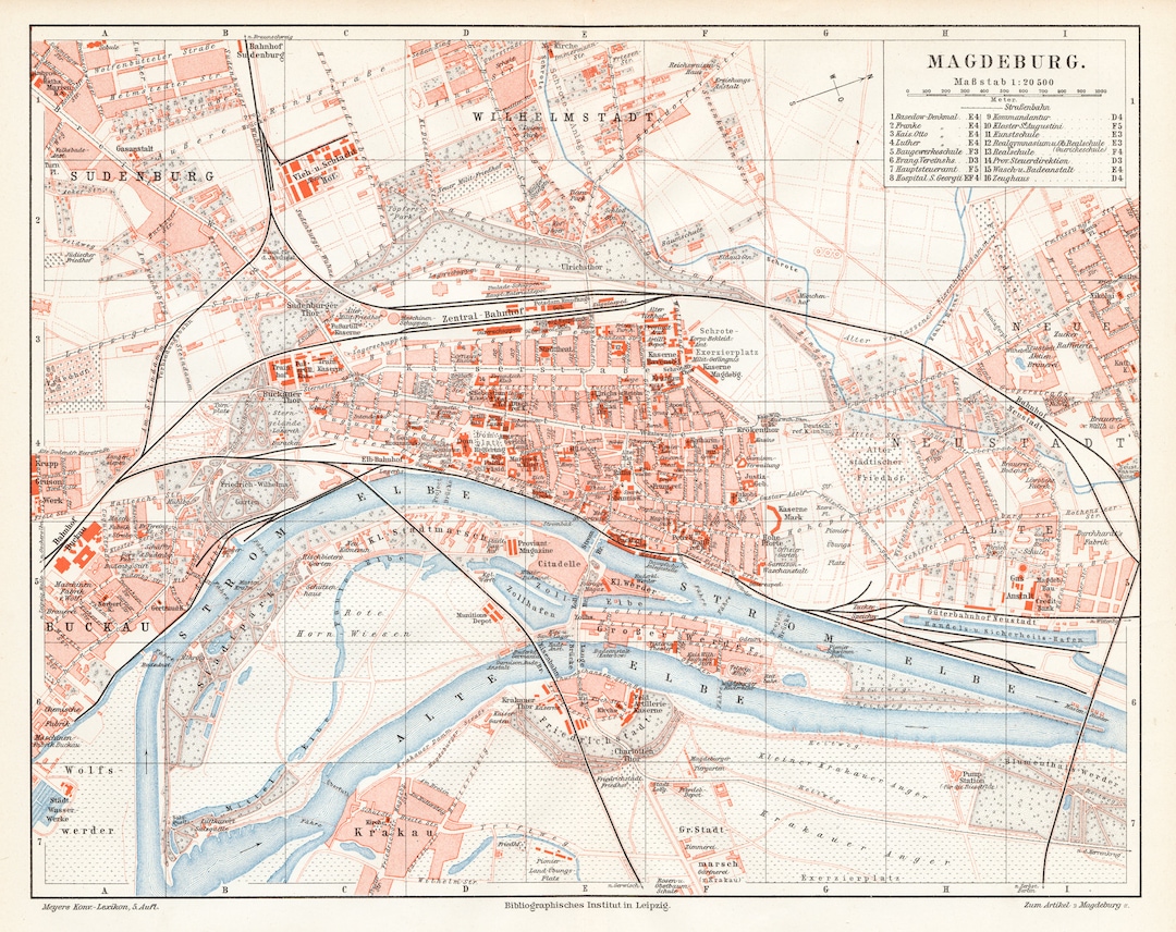 Map of Magdeburg, Germany Original Color Lithography From Meyers