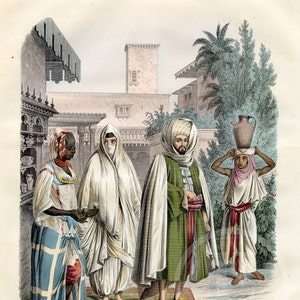 May include: A vintage illustration showcases a group of people in traditional clothing. The image features figures in white robes, green robes, and headwear. One person is carrying a water jug on their head. The background includes architectural elements and greenery.