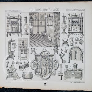 Europäisches Mittelalter Möbel und Ornamente von A. Racinet - EXQUISITE PRINT Farb Lithographie 1888