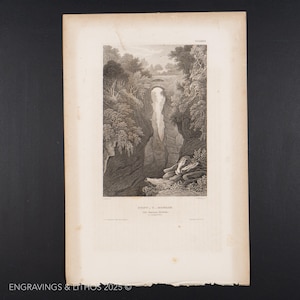 Puede incluir: Un grabado antiguo en blanco y negro de un paisaje escénico con una profunda garganta y una cascada. Un puente de piedra se extiende sobre la cima, y exuberantes árboles enmarcan la escena. La impresión está en papel envejecido.