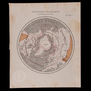 Peut inclure: Une carte circulaire ancienne intitulée Nördliche Polarkarte avec le texte mit den Isothermen des Juli et Tab. XIX. a. La carte représente le pôle Nord, les continents environnants et des lignes isothermes rouges sur un papier crème.