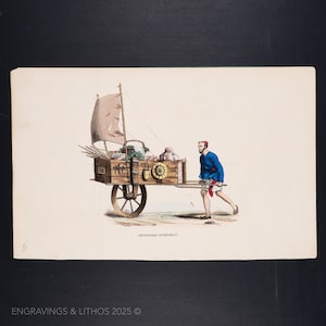1844 Chinese koopman met kar - handgekleurde gravure, "Manieren, gebruiken en kostuums van alle volkeren van de wereld"