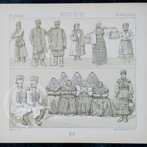 Russian Traditional Costumes  by A.Racinet - EXQUISITE PRINT Color Lithograph 1888