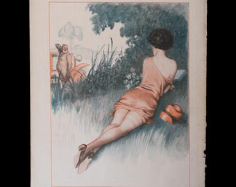 1926 Linda mulher reclinada no jardim como relógios de cavalheiro de A. Vallée - Interior UMA PÁGINA Impressão original La Vie Parisienne
