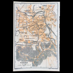 1893-Karte von VICENZA, Stadt in der Region Venetien, Nord-ITALIEN - Authentische Lithograph-Karte, Leipzig für „Italie, Manuel du Voyageur“ von Karl Baedeker