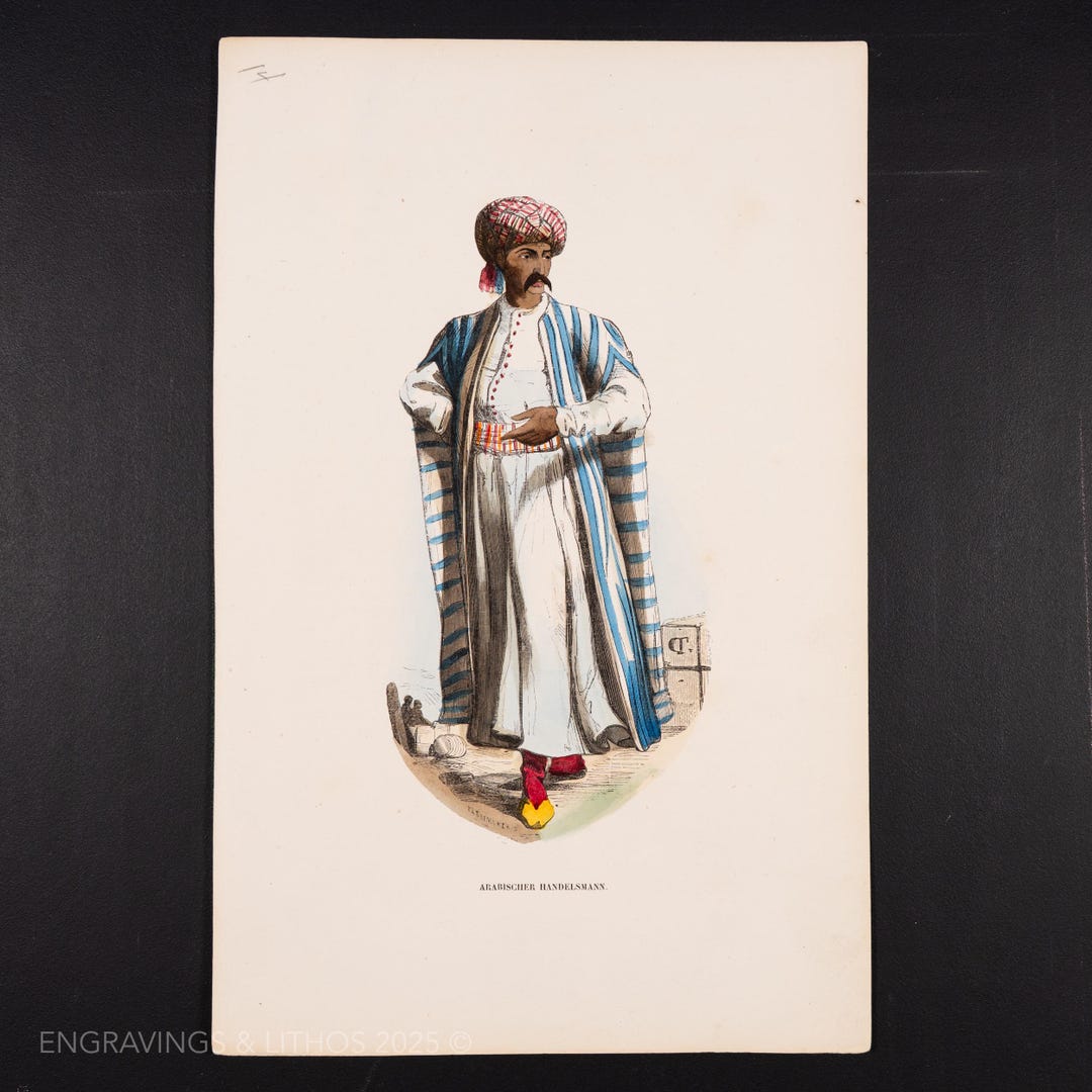 Merchant Robe 1844 Arabic Merchant in Traditional Robe - Hand Colored Engraving ...