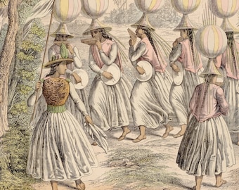 Indian Women, Bolivia - Rare plate from "Book of the World - 1862" - Hand colored original, Old Original Print