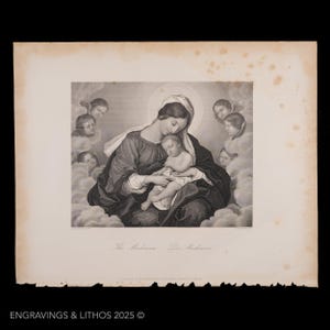 1850  THE MADONNA - Black and white steel engraving from “Royal Dresden Gallery” by Payne V2 - Buy 2 prints, get 1 free!