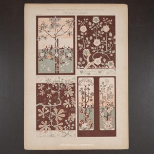 May include: A vintage print featuring four panels of floral and botanical illustrations. The panels showcase detailed drawings of flowers, trees, and decorative elements in shades of brown, green, and cream. The text "LE JOURNAL DE LA DÉCORATION" is visible at the top.