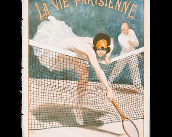 1926 Original / Elegant Tennis Player at the Net – La Vie Parisienne Art Deco Magazine Cover by M. Vallée