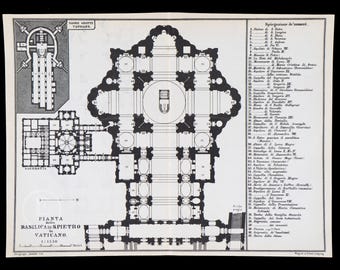 1893年 サン・ピエトロ大聖堂平面図 | アンティーク バチカン石版画