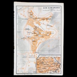 1893 Karte von SAN GIMIGNANO, Stadt in der Toskana, ITALIEN - Echte Lithographie-Karte, Leipzig für 'Italie, Manuel du Voyageur' von Karl Baedeker