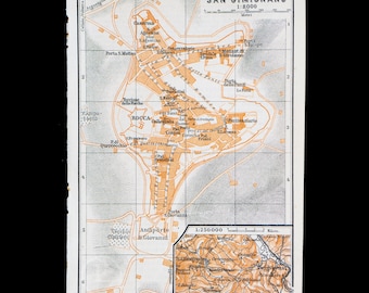 1893  Map of SAN GIMIGNANO, Town in Tuscany,  ITALY - Authentic Lithograph Map, Leipzig for "Italie, Manuel du Voyageur" by Karl Baedeker