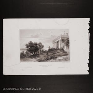 May include: A black and white lithograph print depicting a large, classical-style building with a columned facade. The building is situated on a grassy hill overlooking a body of water. The print is titled "Washington House, New York."