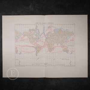 Mapa de corrientes oceánicas - Litografía original - Ilustración de mapas para el libro de Amedee Guillemin "Le Monde Physique" en 1885