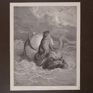 1868 De aap en de dolfijn - originele gravure uit "Fables de La Fontaine"