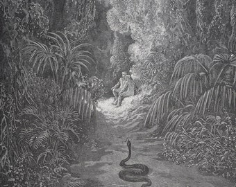 The first approach of the serpent - Original engraving from "The Dore Gallery" Edmund Ollier 1870