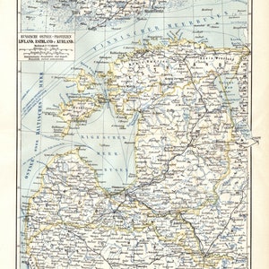 Map of Estonia, Latvia, Lithuania / Baltic Russian Republics Original color lithography from Meyers Lexikon 1897 image 1