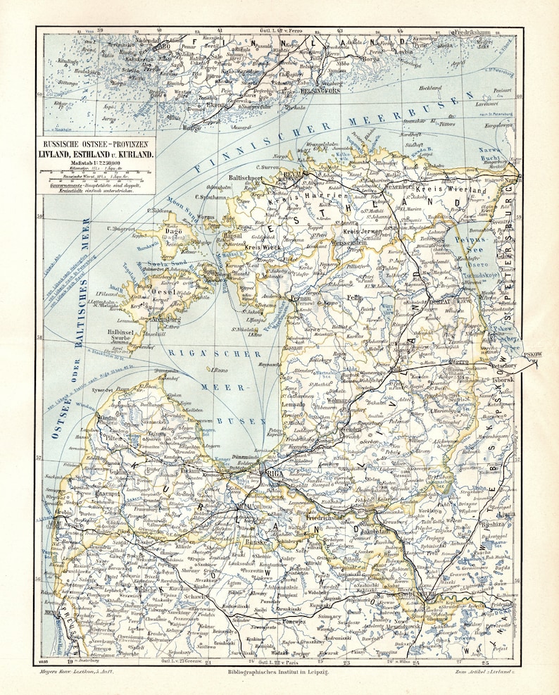 Map of Estonia, Latvia, Lithuania / Baltic Russian Republics Original color lithography from Meyers Lexikon 1897 image 1