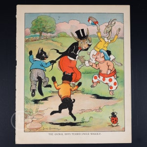 May include: A vintage illustration of a black cat, a pig, a goat, and a rabbit dressed in clothing, dancing around a rabbit wearing a top hat and tuxedo. The caption reads "The Animal Boys Teased Uncle Wiggily."