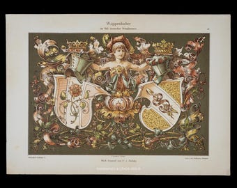 Suporte heráldico renascentista alemão de 1893 - tinta litográfica metálica dourada - Vorbilder decorativo