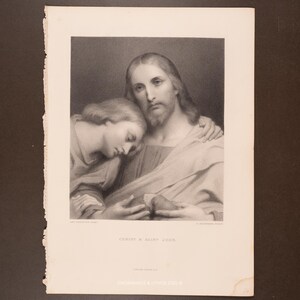 May include: A black and white print of Christ and Saint John. The image depicts two figures, one with a beard and long hair, embracing the other. The print has the text "CHRIST & SAINT JOHN" at the bottom.