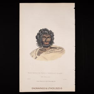 May include: An antique print featuring a portrait of a person with dark skin, dark hair, and a beard. The person is wearing a light-colored garment. The print includes text at the top and bottom, with the words "Engravings & Lithos 2025" at the bottom.