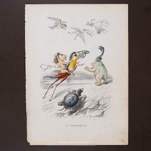 May include: An antique print titled "LA POURSUITE" features a whimsical scene with fantastical creatures. A winged figure rides a bird-like creature, facing a bear-like figure with a snake head. A turtle and flying creatures are also depicted.