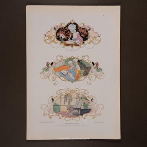 May include: A vintage print featuring three ornate framed illustrations. Each frame has a gold filigree design with pastel figures and floral accents. The illustrations depict scenes with figures in period clothing, set against detailed backgrounds.