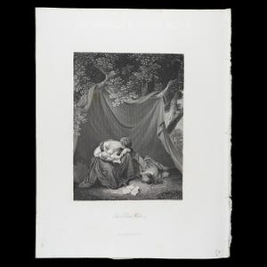 May include: Monochrome print of a classical scene featuring figures beneath a draped canopy. A woman holds a child, with a man lying close by. The print is on aged paper, with the text "ENGRAVINGS & LITHOS 2025" at the top.