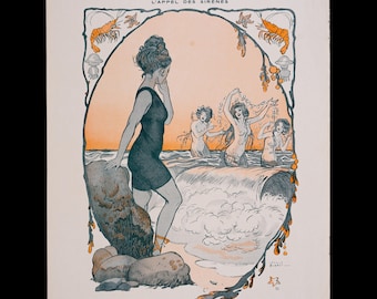 Zeemeerminoproep uit 1914 van Léonce Burret – Originele La Vie Parisienne-interieurprint