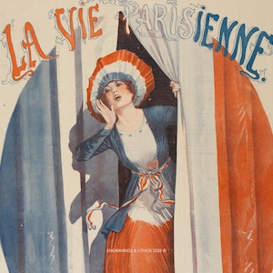 The image is a vintage poster featuring a woman in a red and white dress peeking out from behind a curtain, with the text "LA VIE PARISIEËN" prominently displayed.