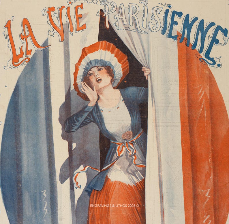 The image is a vintage poster featuring a woman in a red and white dress peeking out from behind a curtain, with the text "LA VIE PARISIEËN" prominently displayed.