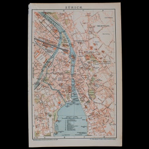 1898 MAPA de ZURICH, SUIZA - Placa litográfica poco común de Conversations-Lexikon de Brockhaus