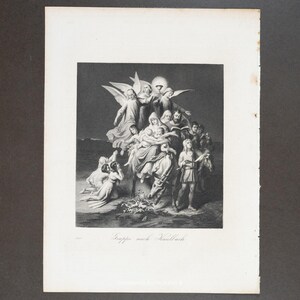 May include: A black and white print depicting a religious scene with figures, including angels, gathered around a central group. The print has the text "Gruppe nach Kaulbach" at the bottom. The print is on a white background.
