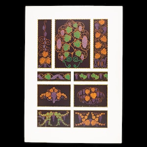 May include: A vintage print featuring stylized grape vines in various rectangular and vertical formats. The designs showcase green leaves, purple grapes, and orange leaves against a dark background, with gold decorative borders.
