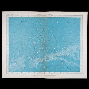 May include: A vintage astronomical star map titled Maps of the Stars No 6 The South Pole Plate XX. The print features a light blue circular celestial grid with white stars and constellation lines, set against a white rectangular border.
