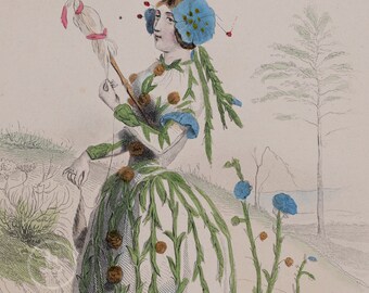 Flax flower / Stunning Hand-colored plate from "Les Fleurs Animees by J.J.Grandville 1867