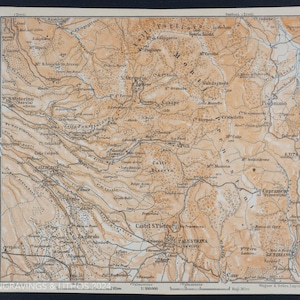 1893  Map of Surroundings of  MONTI PRENESTINI, ITALY -Authentic Lithograph Map, Leipzig for &quot;Italie, Manuel du Voyageur&quot; by Karl Baedeker